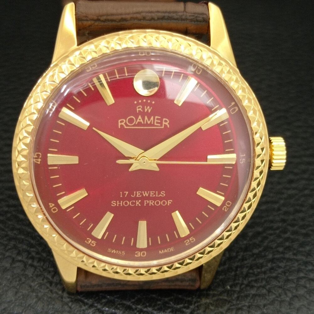 Vintage 1977 Roamer Manual Mens Gold Watch W/Leather Strap & Red accents - Picture 4 of 9